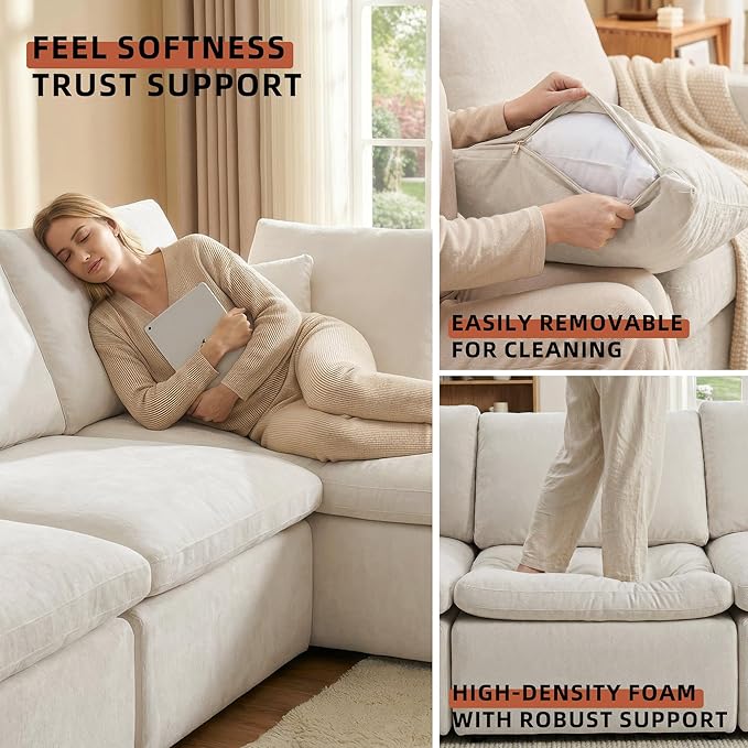 Boneless Sectional with Chaise 110 L-Shaped Cloud Couch for Living Room Deep Seat Chenille Floor Sofa Frameless Modular Lounge Set (Beige Right Facing Chaise)