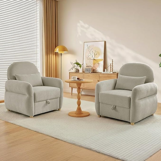 Accent Chairs Set of 2 Living Room Chairs in Chenille Fabric Modern Reading Chair with Storage Function for Living Room Apartment and Compact Spaces (Grey)