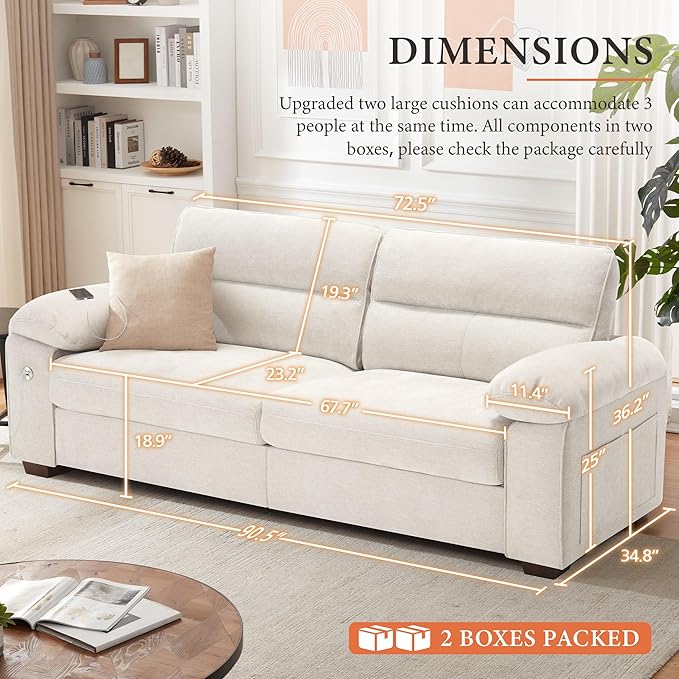 Ihanherry 90.5 Modern Sofa 2-Seater Couch for Living Room Chenille Pillow-Armrest with Extra Large Seat Width USB/Type-C Charging Port &amp Side Pocket Removable Medium Firm Cushion(Beige)