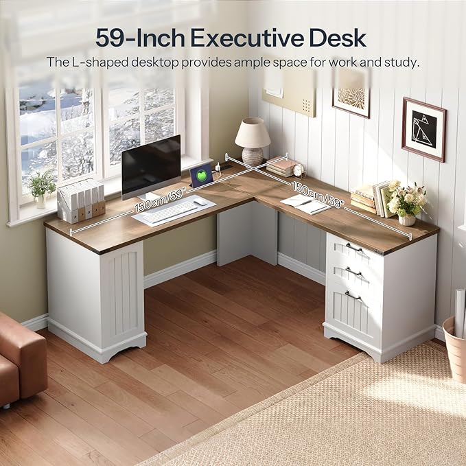 HOOBRO Farmhouse L Shaped Computer Desk Computer Desk with Power Outlets 59 Corner Office Desk with 3 Drawers &amp Adjustable Shelves for Home Office Study White and Walnut WH150UDN01