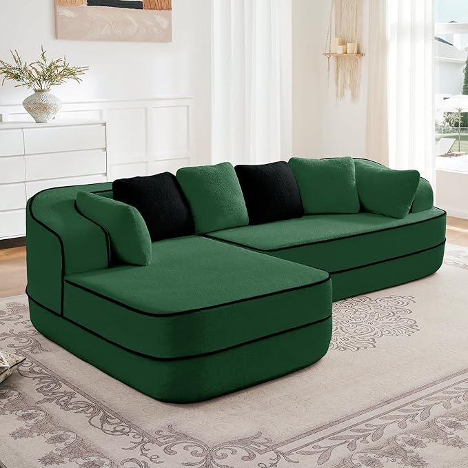 Ball &amp Cast 106 Cloud Sectional Couch with L-Shape ChaiseTeddy Fabric Boneless Modular Sofa with Deep Seat32D High Density SpongeUpholstered Couch for Living RoomNo Assembly RequiredGreen(Le