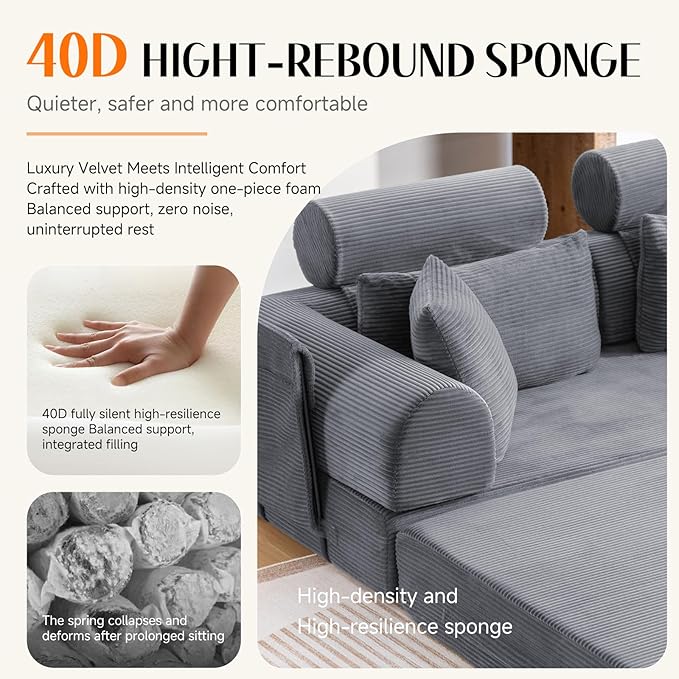 Upgrade Sofa Bed Convertible Boneless Couch for Small Spaces with High Backrest Design Fixed-Shape Frame &amp Removable Armrests and Backrest 2 Corduroy Pillow Dark Gray