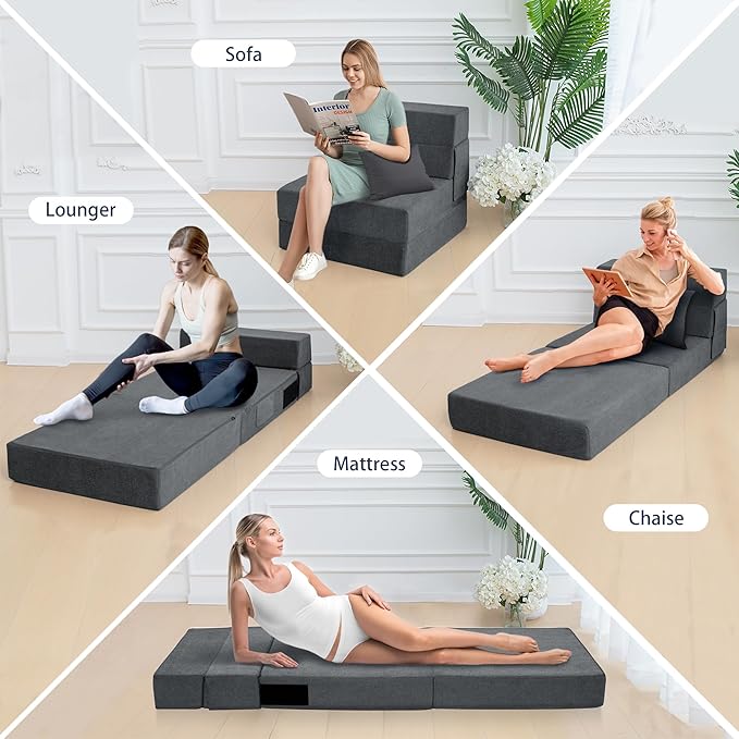 Folding Sofa Bed Chair with PillowConvertible Fold Out Chair Bed SleeperFoam Floor Mattress Foldable Futon Couch Bed for Living Room/Dorm/Guest/Office (Grey Twin)
