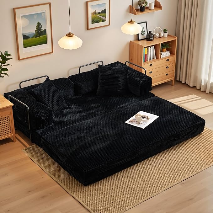 4-in-1 Folding Sofa Bed 78 Oversized Corduroy Sleeper Chair Convertible Loveseat to Floor Bed with Storage Pockets Boneless Design for Living Room Bedroom &amp Small Spaces