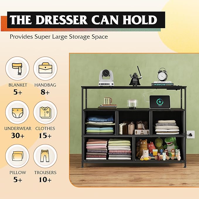 WLIVE Black Dresser for Bedroom with 5 DrawersFabric Dresser TV Stand with Charging Station Chest of Drawer with Open Shelves for 45 inch TV Storage Dresser for Living Room Closet Entryway