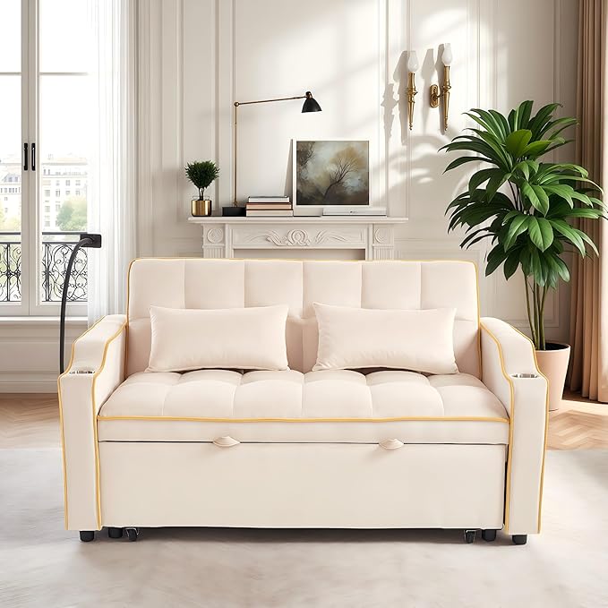 Loveseat Pull Out Couch 3 in 1 Convertible Sofa Bed Adjustable Backrest with Phone Holder Side Pocket &amp USB Port Modern Sofa for Living Room Bedroom Apartment (White)