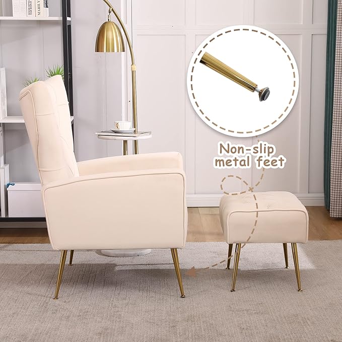 Accent Chair with Ottoman Comfy Chair and Ottoman Set Upholstered Tufted Lounge Chair with Wide Seat Footrest Reading Armchair for Living Room Bedroom BeigeVelvet