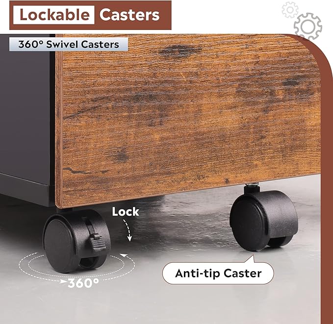 DEVAISE 3 Drawer Rolling File Cabinet with Lock Wood Under Desk Filing Cabinet fits Letter/Legal/A4 Size for Home Office Rustic Brown