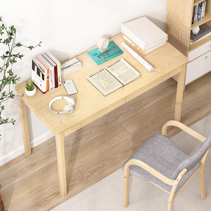 Solid Wood Writing Desk with Drawers Small Computer Desk Table Mid Century Modern Desks Study Home Office Desks for Work Small Wooden Dining Table for Bedroom Natural