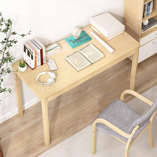 Solid Wood Writing Desk with Drawers Small Computer Desk Table Mid Century Modern Desks Study Home Office Desks for Work Small Wooden Dining Table for Bedroom Natural