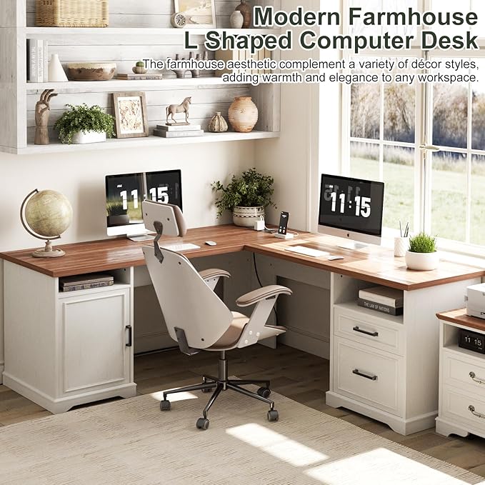 Unikito Farmhouse L Shaped Executive Desk with File Drawers 60 Corner Computer Desk with Power Outlets Large 2 Person Home Office Table with Storage Cabinet Sturdy Writing Desk White and Brown