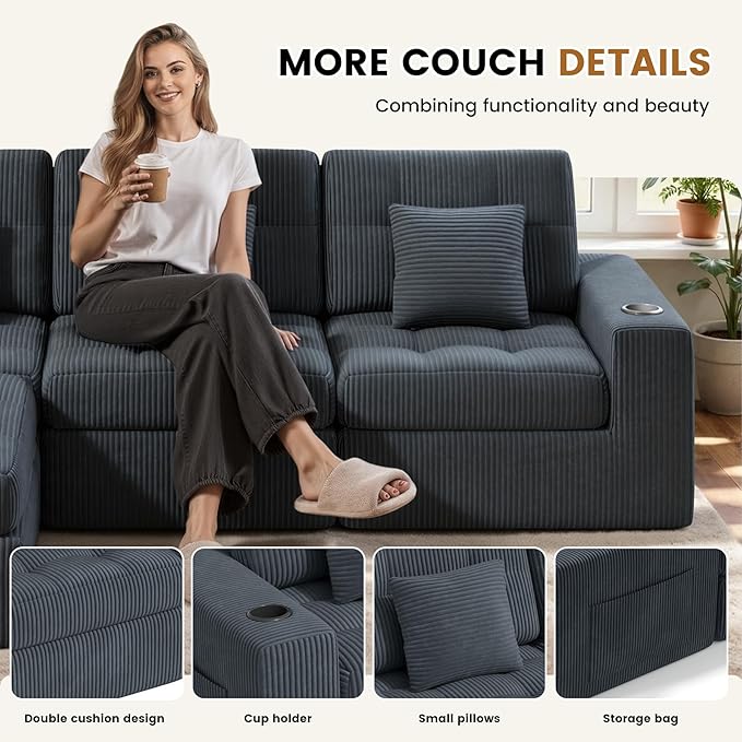 144 U Shaped Cloud Boneless CouchModern Modular Sectional Sofa with Layered CushionNo Assembly Convertible Corduroy Couches for Living RoomGrey 1 PCS