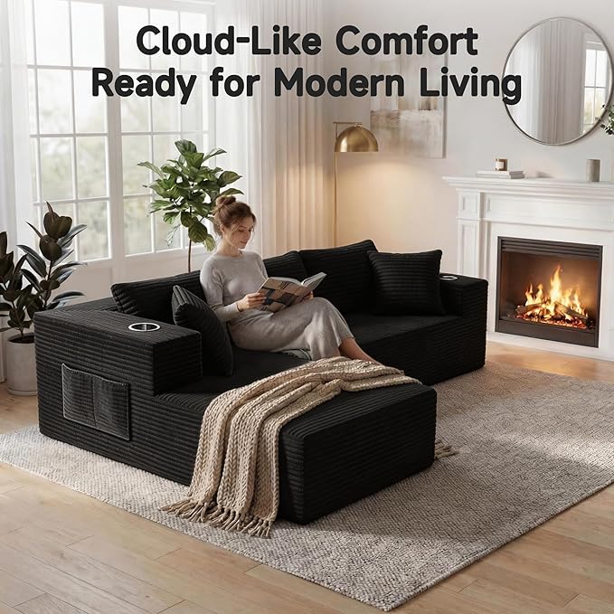 Bashaw 108 Modular Sectional Sofa Couches with Chaise L-Shape Boneless Couch Deep Seat Upholstered Boneless Sectional Couch for Living Room (Black 108 Left Facing Chaise) | Sectional Boneless L-