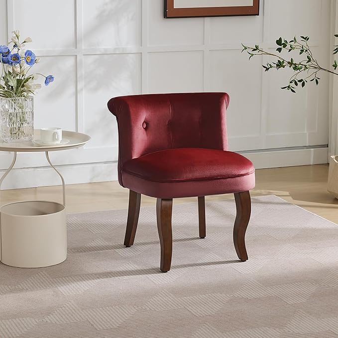 Velvet Vanity Chair with Solid Wood Legs Tufted Upholstered Vanity Stool with Back Mid Century Small Makeup Accent Chair for Bedroom Living Room Burgundy