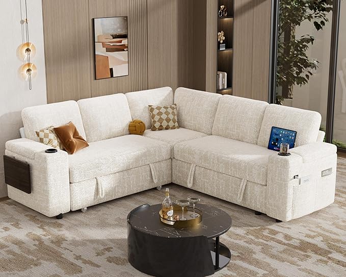 Vipbear 86 Modular Sectional Sleeper Sofa with Pull Out Bed 5 Seat Chenille L Shaped Couch with Reclining Backrest|USB Ports|Cup Holders|Side Table|Storage Seat Armrests Tool Free Assembly Beige