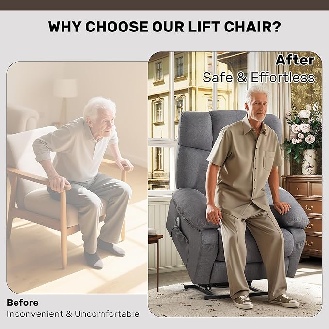 Power Lift Recliner Chair for Elderly Big and Tall Lift Chair with Massage and Heat for Living Room Fabric Electric Recliner Chairs with 4 Side Pockets USB Charge PortGrey