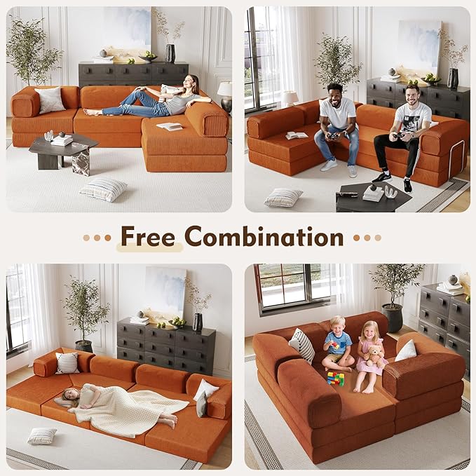 MEISSALIVVE 108 L Shaped Boneless Couch Orange Modular Sectional Sofa with Chaise Cloud Sectional Couch with Deep Seat &amp Removable Pillow for Living Room No Assembly Required
