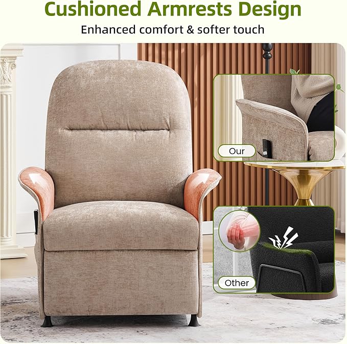 Power Recliner Chair with Remote Control 21 Wide Seat Small Recliners with Side Pocket for Adults Thick Cushions Chair for Living Room &amp Bedroom Tan