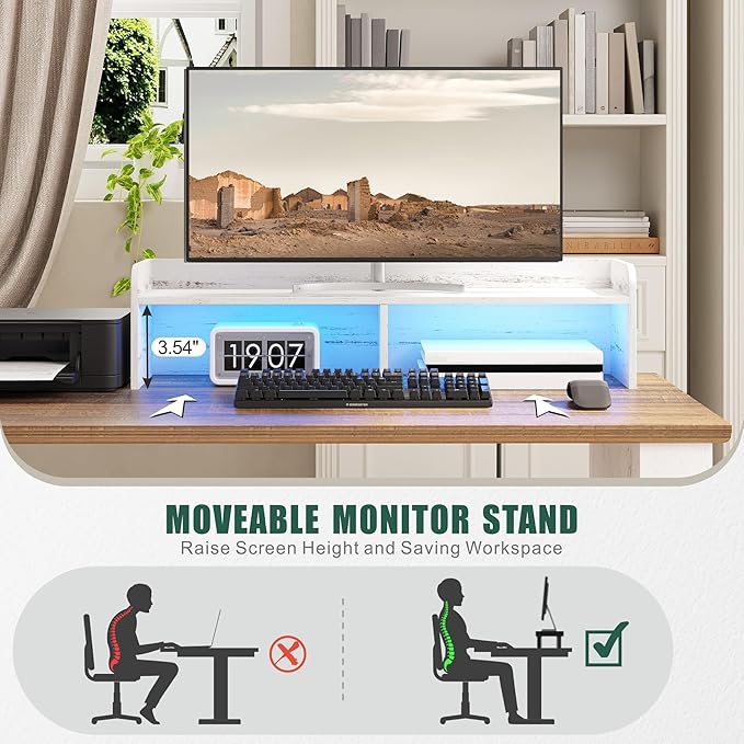L Shaped Desk with Monitor Stand Farmhouse Computer Desk with Led Light and Power Outlet Executive Desk for Home Office Room Workstation with File Cabinet for Working Gaming Antique White