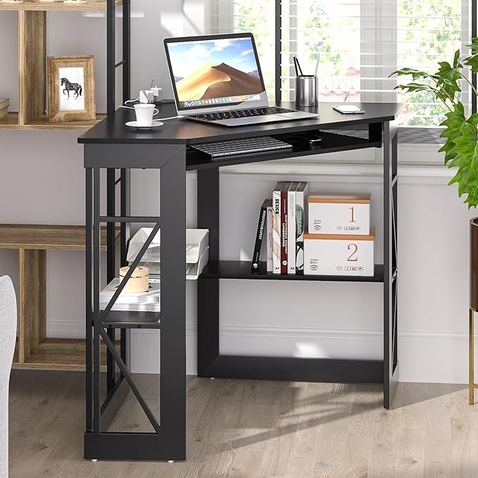 VECELO Corner Computer Desk 41x30 inches with Charging Station &amp Keyboard &amp Storage Shelves for Small SpaceTriangle Table for Home Office BedroomBlack