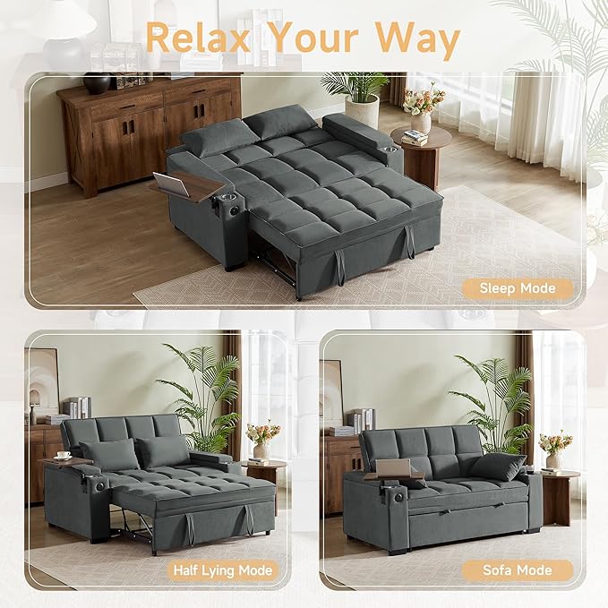66 Multi-Functional Pull-Out Sofa Bed with Hidden Side Table Storage Armrests Built-in Charging Port Spring Mattress Solid Wood Frame – Ideal for Small Spaces Easy Assembly