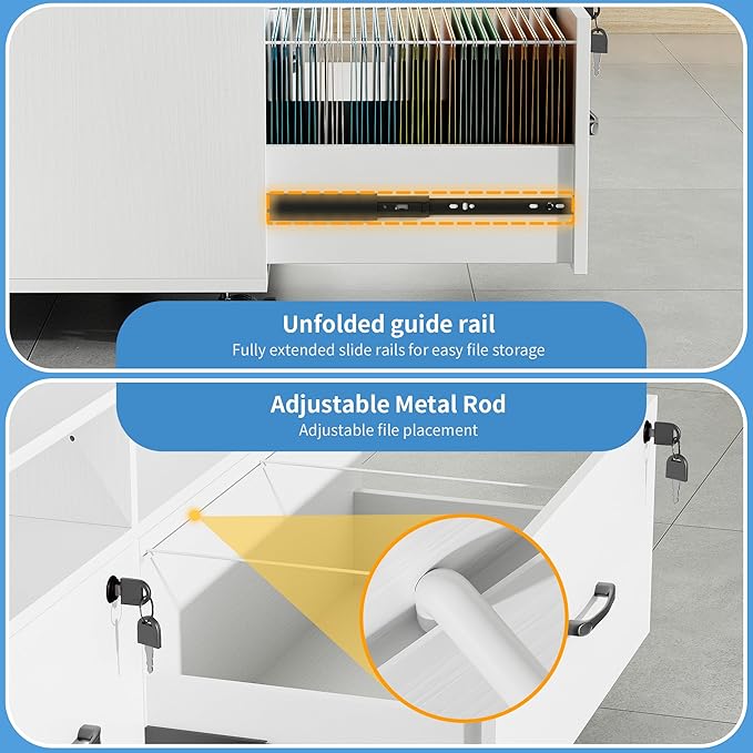 2 Drawer Wood Mobile Large Lateral File Cabinet Lockable Rolling Filing Cabinet with Storage Shelves Printer Stand Office Storage Cabinet for Home Office Fits Files Legal/A4 White