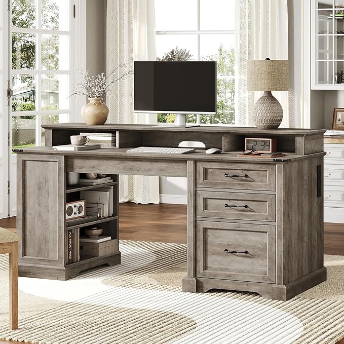 55'' Farmhouse Executive Desk with Drawers Home Office Desk with File Cabinet and Storage Shelf Charging Station Computer Desk with Monitor Stand Writing Gaming Desk Greige