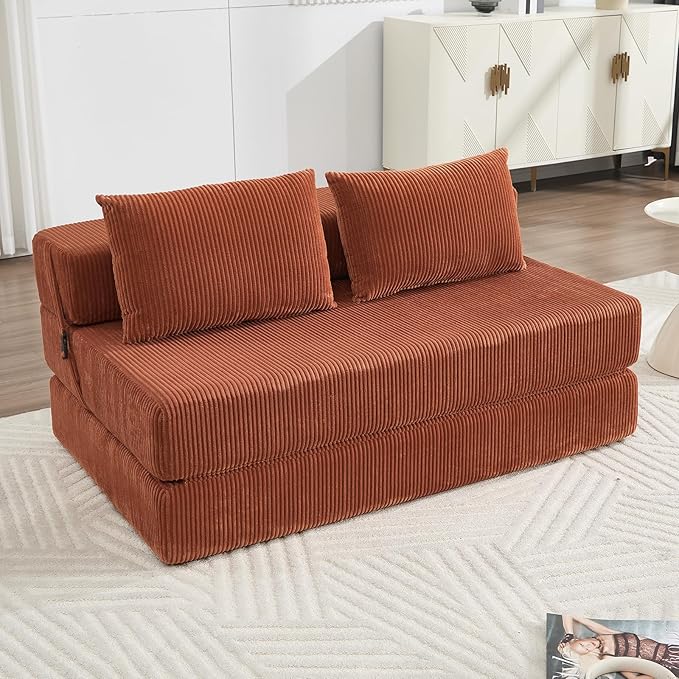 KIVENJAJA Folding Sofa Bed Full Size 3-in-1 Convertible Sleeper Sofa Corduroy Foldable Boneless Floor Futon Couch with Backrest &amp Pillows for Home Living Room Office Apartment Small Spaces Oran