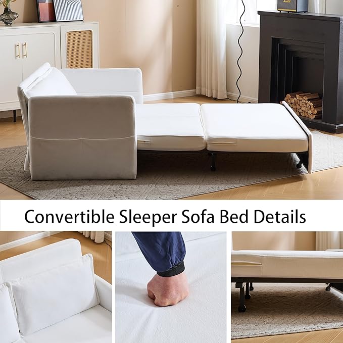 Livavege 59.45 Convertible Sofa Bed Velvet Futon Sleeper Sofa Loveseat with Pull-Out Couch Bed Foldable Tabletop USB &amp Type C Ports Recliner Sofabed for Living Room Bedroom Apartment White