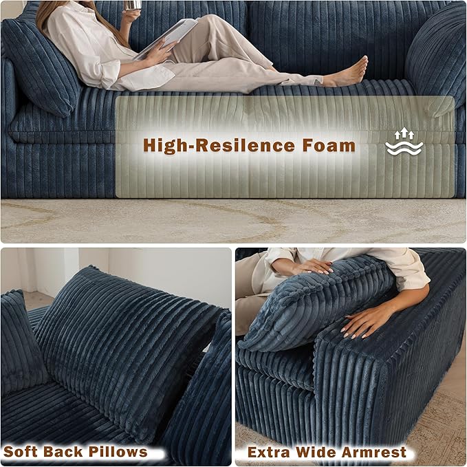 78.8 Corduroy Cloud Loveseat Sofa with Ottoman L Shaped Modular Sectional Couch with Removable Cushion No Assembly Required Deep Seat Boneless Couches for Living Room (Blue &amp 1 Ottoman)