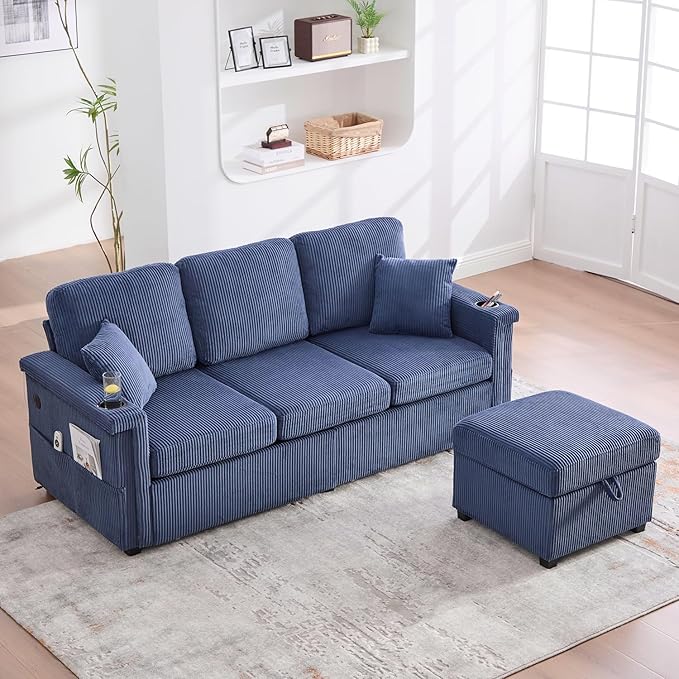 76'' Sectional Sofa Couches for Living Room 3 Seat L-Shaped Couch with Storage &amp Ottoman Corduroy Convertible Sofas with Chaise Apartment with USB Charging Cup Holder (Navy)