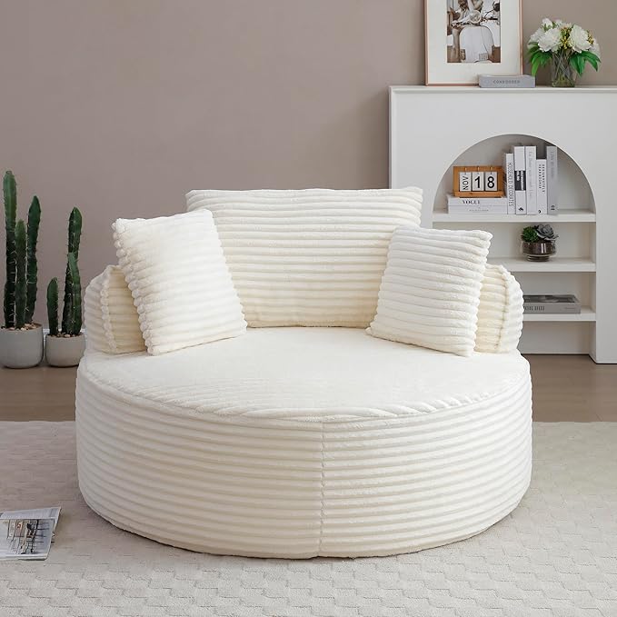 KEIKI 53.5 Oversized Round Chair Large Barrel Chairs Upholstered Accent Corduroy Single Sofa Armchair for Living Room Lounge Beige