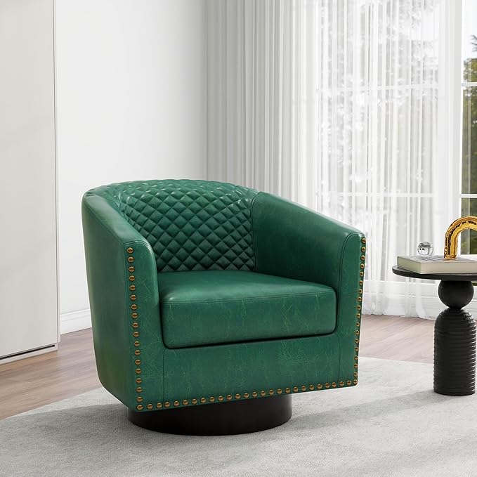 Swivel Barrel Accent Chair Comfy Modern Upholstered Round Faux Leather Arm Chair for Living Room Bedroom（Green Set of 4