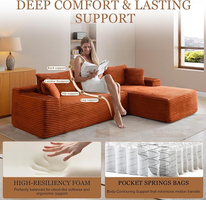 108 Cloud Sectional Couch Modern Boneless Couch with L-Shape Chaise Deep Seat Modular Sectional Sofa Corduroy Corner Couches for Living RoomNo Assembly Required (Orange Right Facing Chaise)