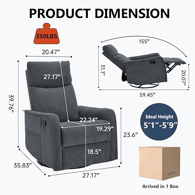PELUMY 360 Swivel Rocking Recliner Chair for Adults Nursery Rocking Chair with Heat and Massage Glider Reclining Chair for Small Space Living Room Bedroom (Dark Grey)