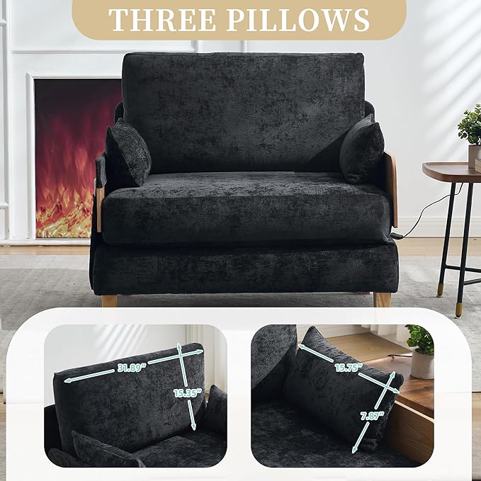 Mid-Century Modern Accent Chair 2-in-1 Foldable Sofa Couch Convertible Sleeper Bed Extra Wide Upholstered Armchair with 3 Pillows &amp Side Pocket for Living Room Bedroom (Black)