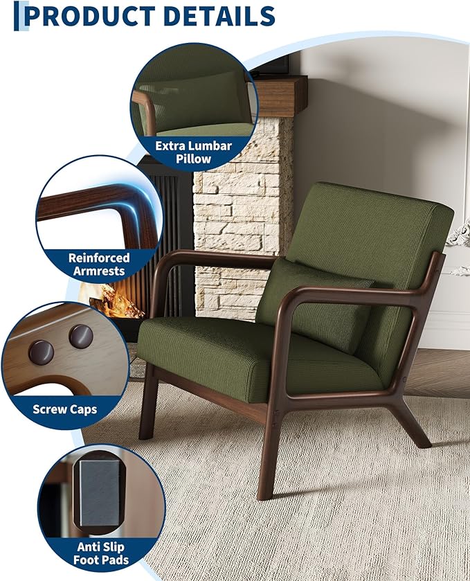 Garvee Mid-Century Modern Accent Chair Fine Wale Corduroy Upholstery Solid Wood Armchair with Removable Lumbar Pillow Sturdy Reading Chair for Living Room Bedroom Guest Room Easy Assembly Green