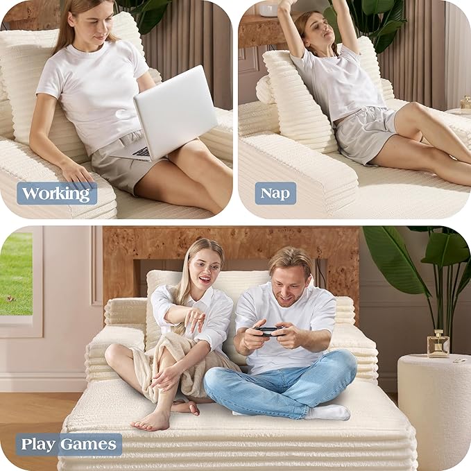 VanAcc 65 Chaise Lounge Sofa Luxury Corduroy Sleeper Chaise with Armrests and Throw Pillows No-Assembly Couch for Living Room or Apartment White