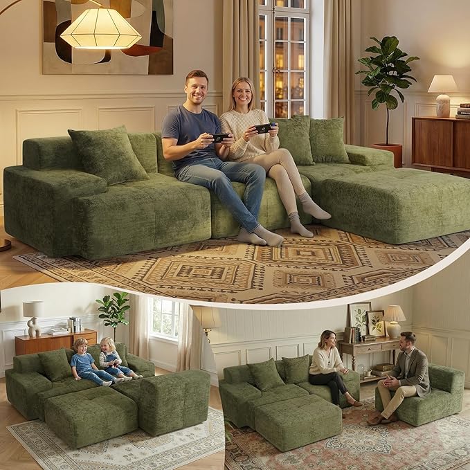 117 Modular Sectional Sofa Couch Chenille Upholstered Boneless Couch Oversized L-Shaped Cloud Sectional Couch with Ottoman &amp Deep Seating No Assembly Green