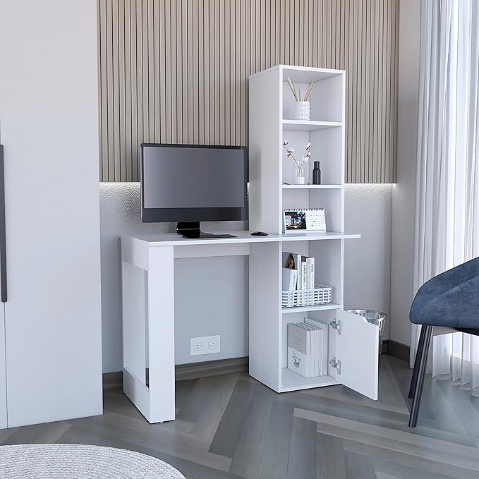 Home Office Desk White Writing Computer Desk with Storage Cabinet and Bookcase with 4 shevels for Small and Big Spaces