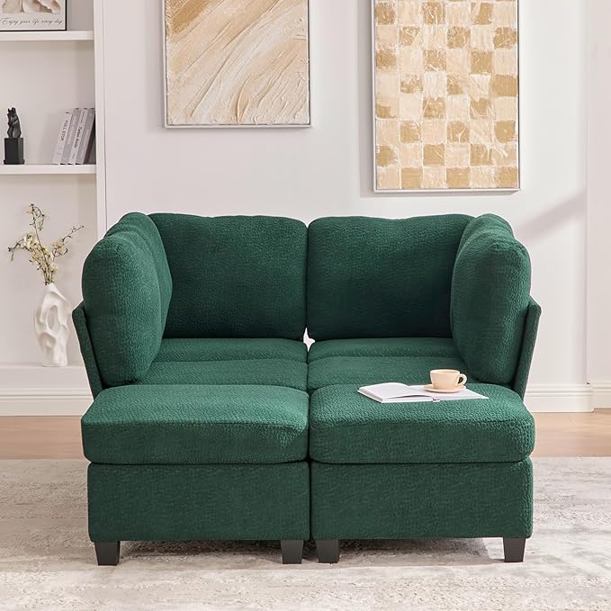113 Modular Sectional Sofa Couch with Storage U Shaped 4 Seat Couches with Movable Ottoman Freely Combinable Deep Seat Sofa Upholstered Sectional Couches for Living Room Emerald