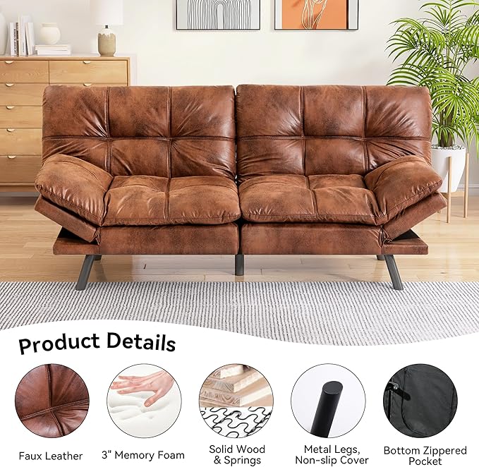 71 Convertible Futon Sofa BedFaux Leather Futon CouchMemory Foam Loveseat Sleeper SofaSmall Splitback Modern Folding Couch for Living RoomOfficeApartmentSaddle Brown