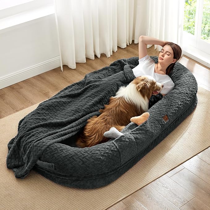 Human Dog Bed for Adult - Luxury Faux Fur Giant Size Dog Bed with Portable Handle Egg Orthopedic Foam with Blanket 72x40x10 Dark Grey