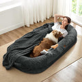 Human Dog Bed for Adult - Luxury Faux Fur Giant Size Dog Bed with Portable Handle Egg Orthopedic Foam with Blanket 72x40x10 Dark Grey