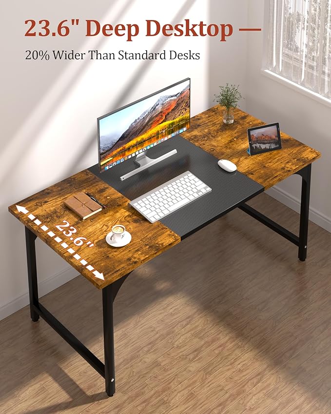 Computer Desk 55.1 Office Desk Extra Wide 23.62” Carbon Fiber Deep Desktop 0.59” Thick Heavy-Duty Home Office Desks Office Table with Steel Frame Wood Desk for Bedroom Study Writing Gaming Work