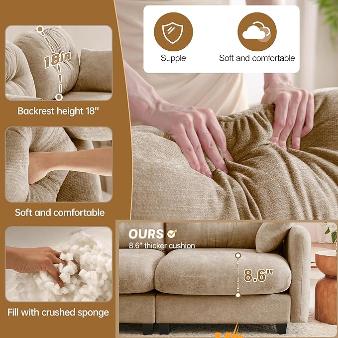 74 Modular Sectional Sofa Cloud Couch Modern Loveseat Sofa Deep Seat Sectional Couches for Living Room Comfy Chenille Couch for Small Spaces Oversized Modular Couches for BedroomCamel