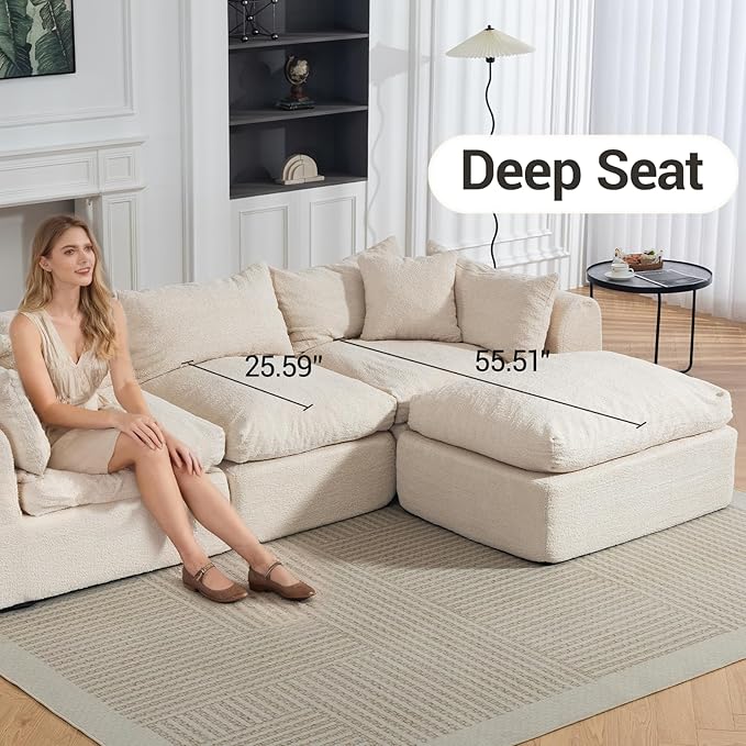 113'' Cloud Boneless Sofa Couches for Living Room with Deep Seat Modular Sectional Sofa with Ottoman for Living Room Bedroom No Assembly Beige