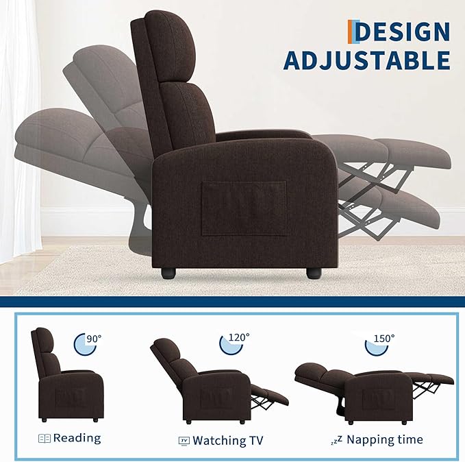 Garvee Recliner Chair for Adults PU Leather Lazy Recliner Ergonomic Adjustable Single Sofa Enhanced with Side Pocket Tall Back Wide Arms &amp Padded Seat Home Theater Seating for Living Room