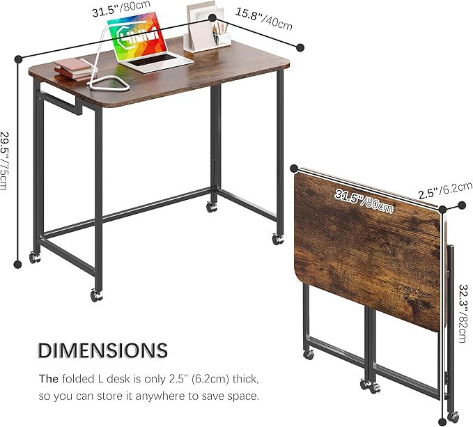 4NM 31.5 Mobile Small Rolling Computer Desk Folding Laptop Cart Table with Wheels Portable Office Desk for Small Space Couch Bed - Rustic Brown and Black
