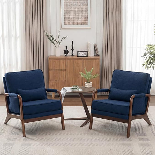 Mid Century Modern Chair Set of 2 Upholstered Lounge Arm Chair with Solid Wood Frame Comfy Accent Chair for Living Room Bedroom Reading Reception Blue